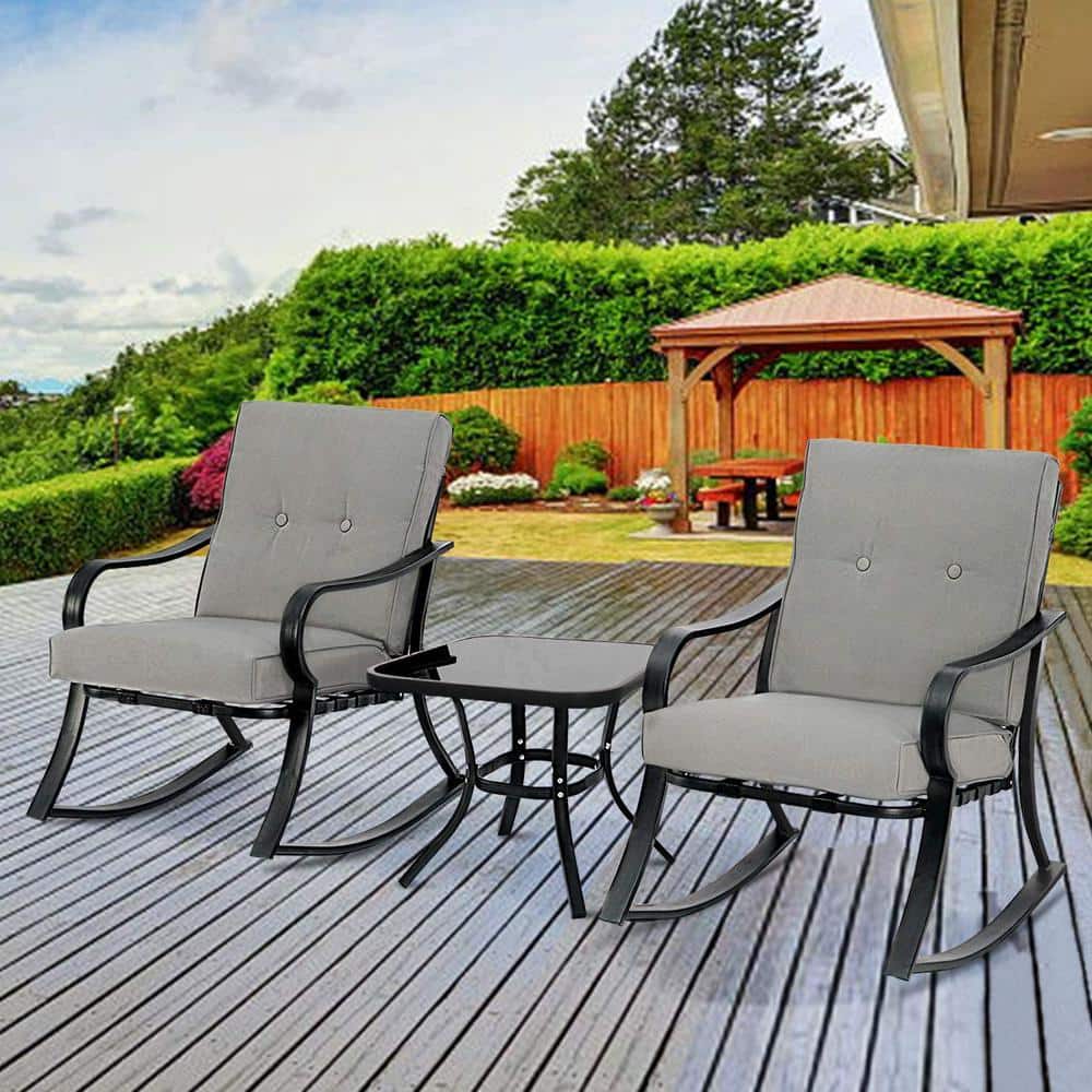Suncrown 3-Piece Metal Outdoor Bistro Set Rocking Chairs With Gray ...