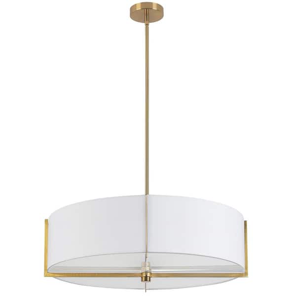 Dainolite Preston 4 Light Aged Brass Shaded Pendant Light with White Fabric Shade