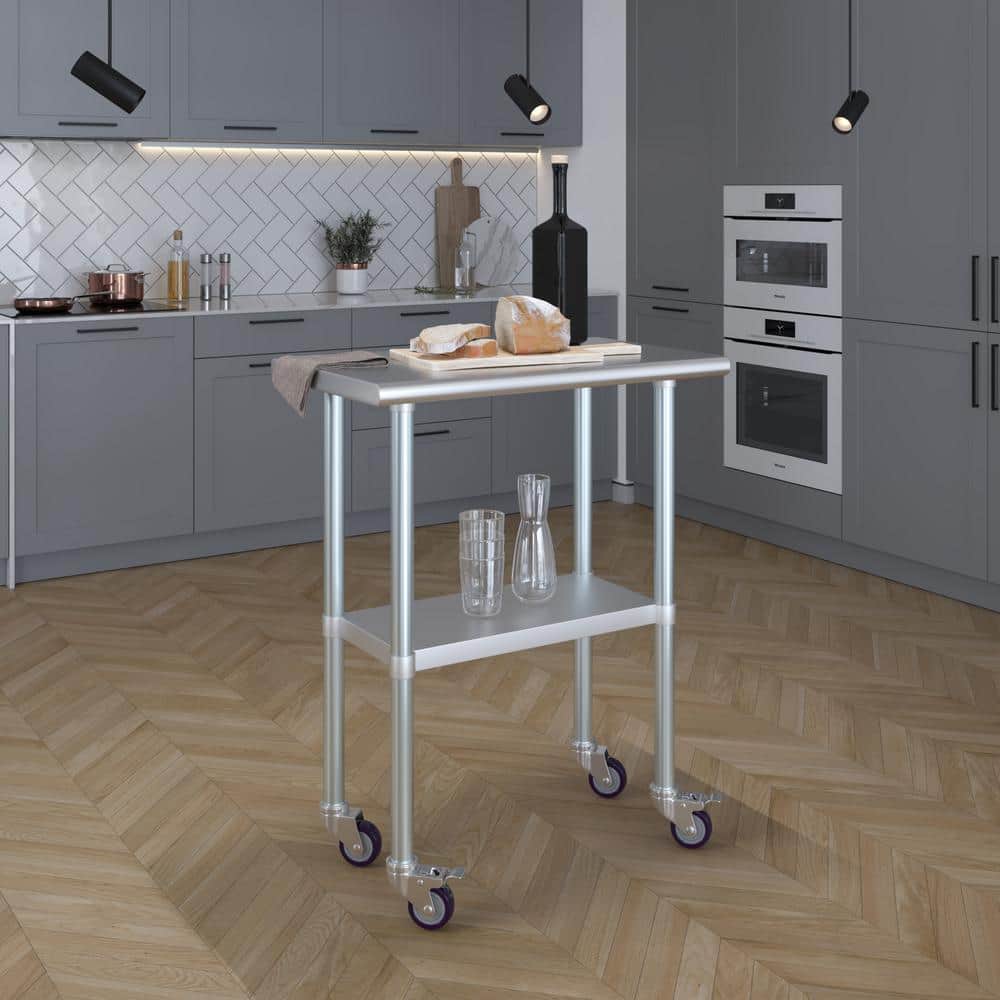 30" Silver Stainless Steel Mobile Prep Table with Open Base