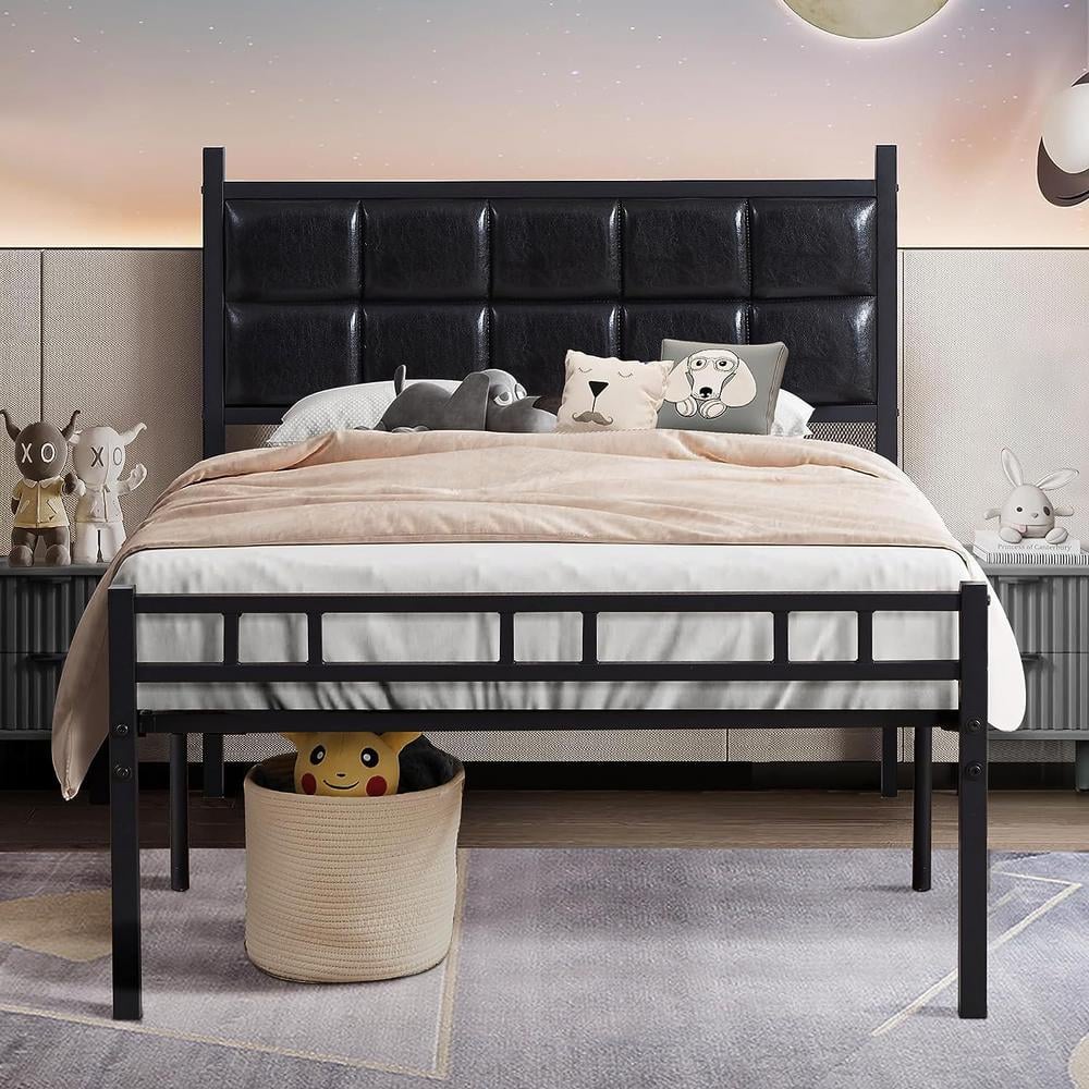 VECELO Heavy-Duty Bed Frame Black Metal Frame Twin Platform Bed With PU ...