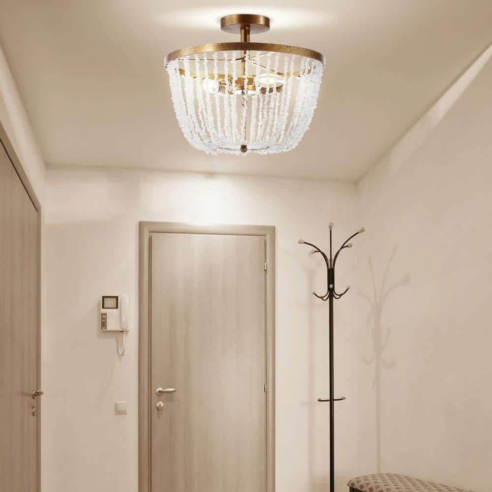 Antique Gold 15" Glass LED Flush Mount Chandelier