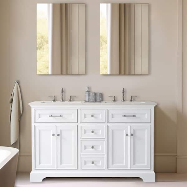 Haisley 54 in. Double Sink Freestanding Bathroom Vanity in White with Velluto White Quartz Top