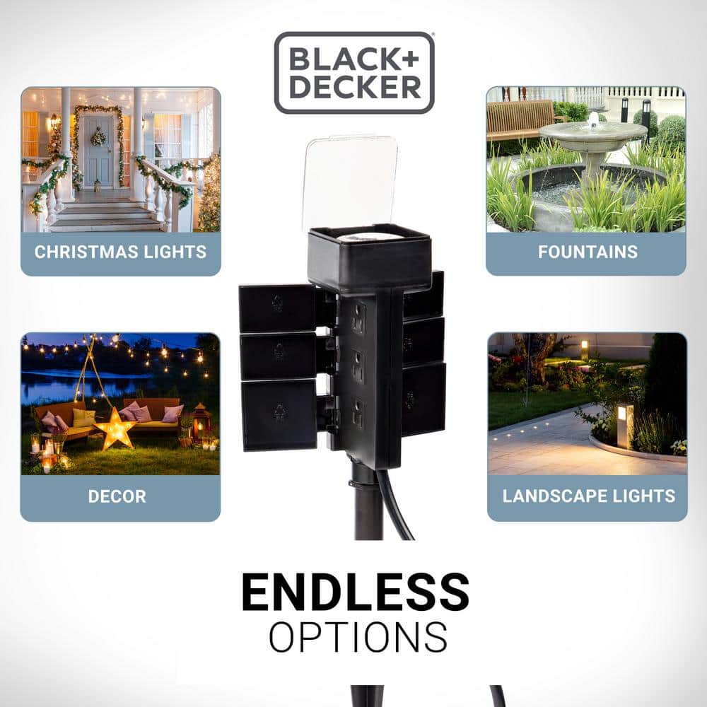 Black Waterproof Outdoor Garden Timer Stake with 6 Grounded Outlets