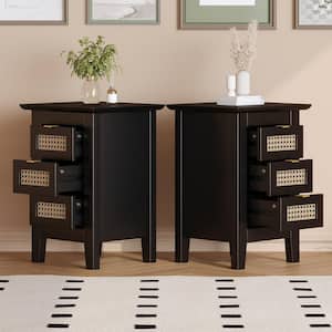 Exquisite Elegance Black 3-Drawer 15.7 in. W Nightstand Set of 2 with Rattan-Woven Surface