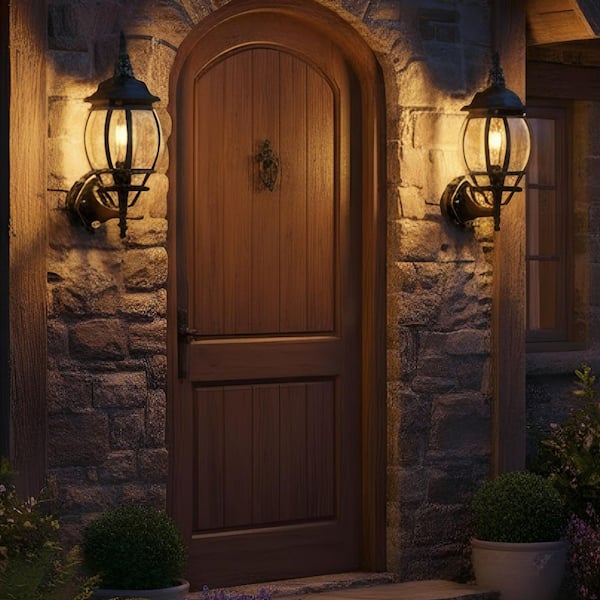 20 in. 1-Light Matte Black Castle-Style Outdoor Lantern Wall Sconce With Light Sensor for Patio(2-Pack)