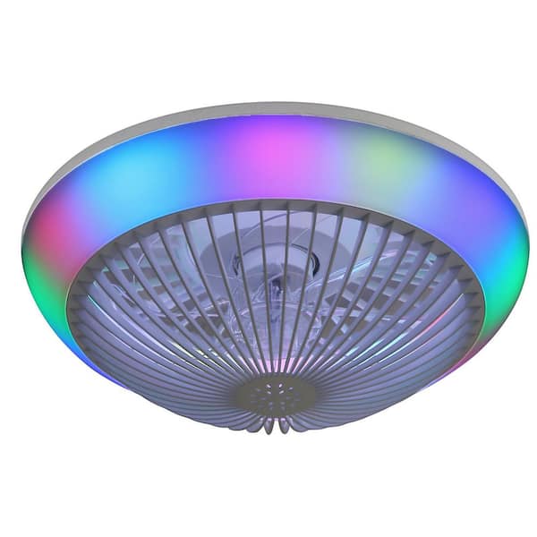 Jushua 15 in. RGB Dimmable LED Enclosed Ceiling Fan with Light, 6-Speed Remote Control for Bedroom or Kids Room, White