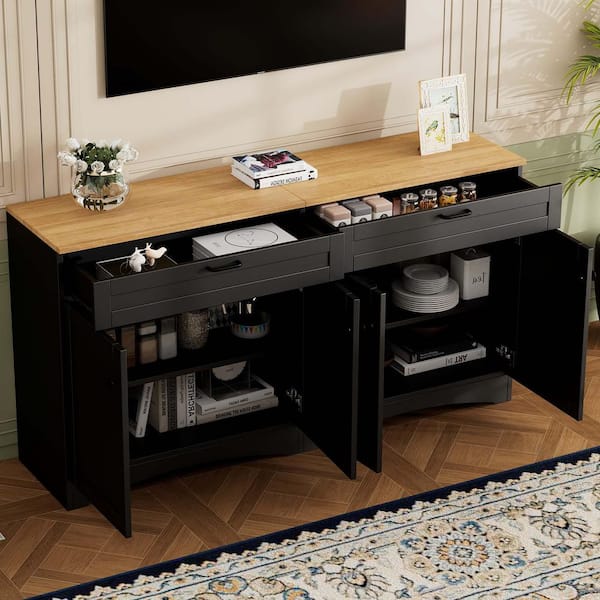 Unbranded Black MDF 62.9 in. Farmhouse Sideboard Buffet Cabinet Kitchen Buffet Storage Cabinet with 2-Drawers and Rustic Handles