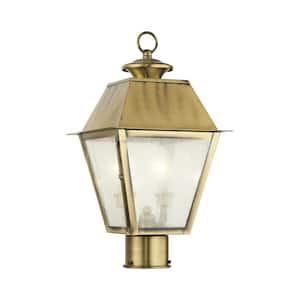 Willowdale 17.5 in. 2-Light Antique Brass Cast Brass Hardwired Outdoor Rust Resistant Post Light with No Bulbs Included