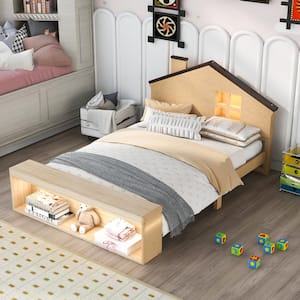 Wood Color Light Brown Wood Frame Full Size Platform Bed with House Shaped Headboard, LED Lights and Storage Cabinet