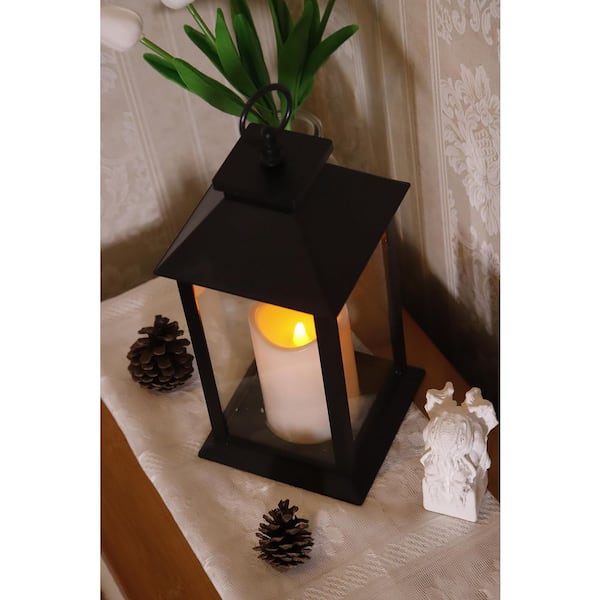 Afoxsos 13.7 in. x 5.6 in. Black Plastic Lantern with Candle 1