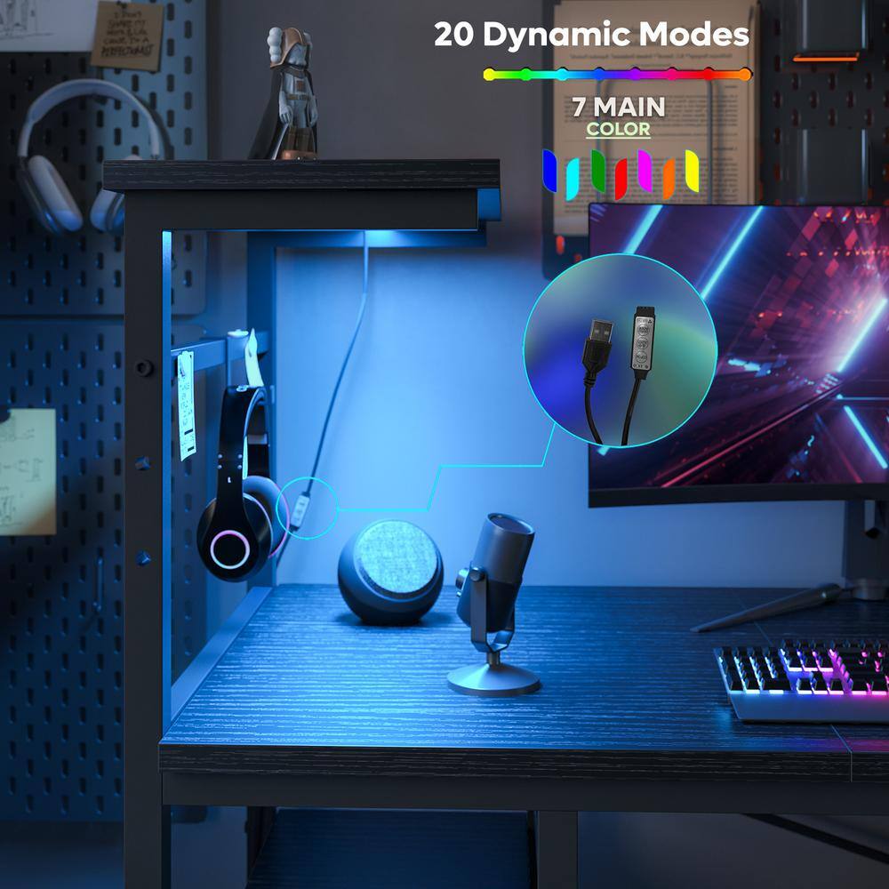 Black Wood Gaming Desk with Power Outlet and Headphone Hook
