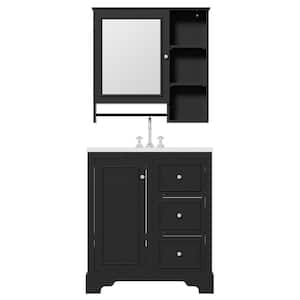 29.96 in. W Single Sink Bath Vanity in Black with White Ceramic Top, 3 Drawers, Adjustable Shelves and Mirror Cabinet