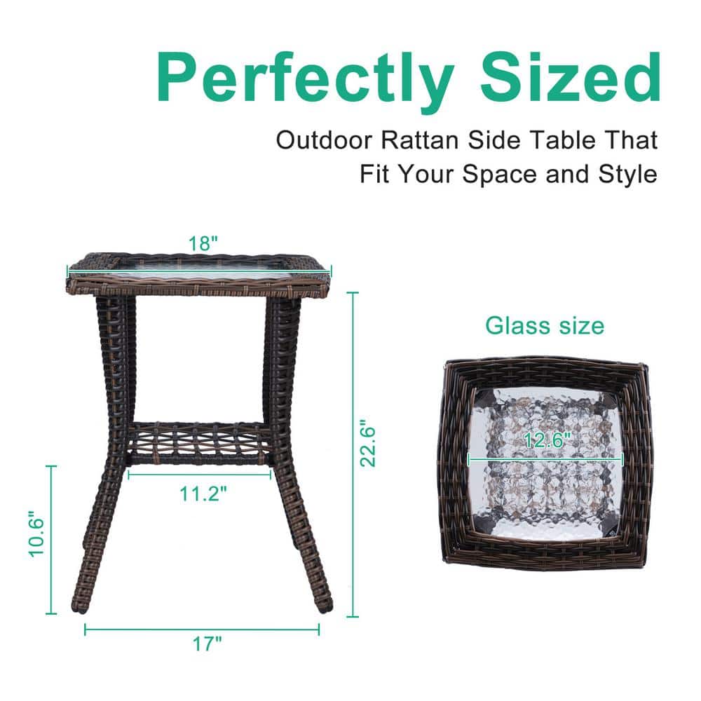 Brown Square Wicker Outdoor Side Table with Glass Top and Steel Frame
