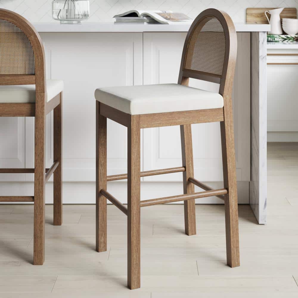 Theodore modern classic grey woven fixed cushion mahogany bar stool online
