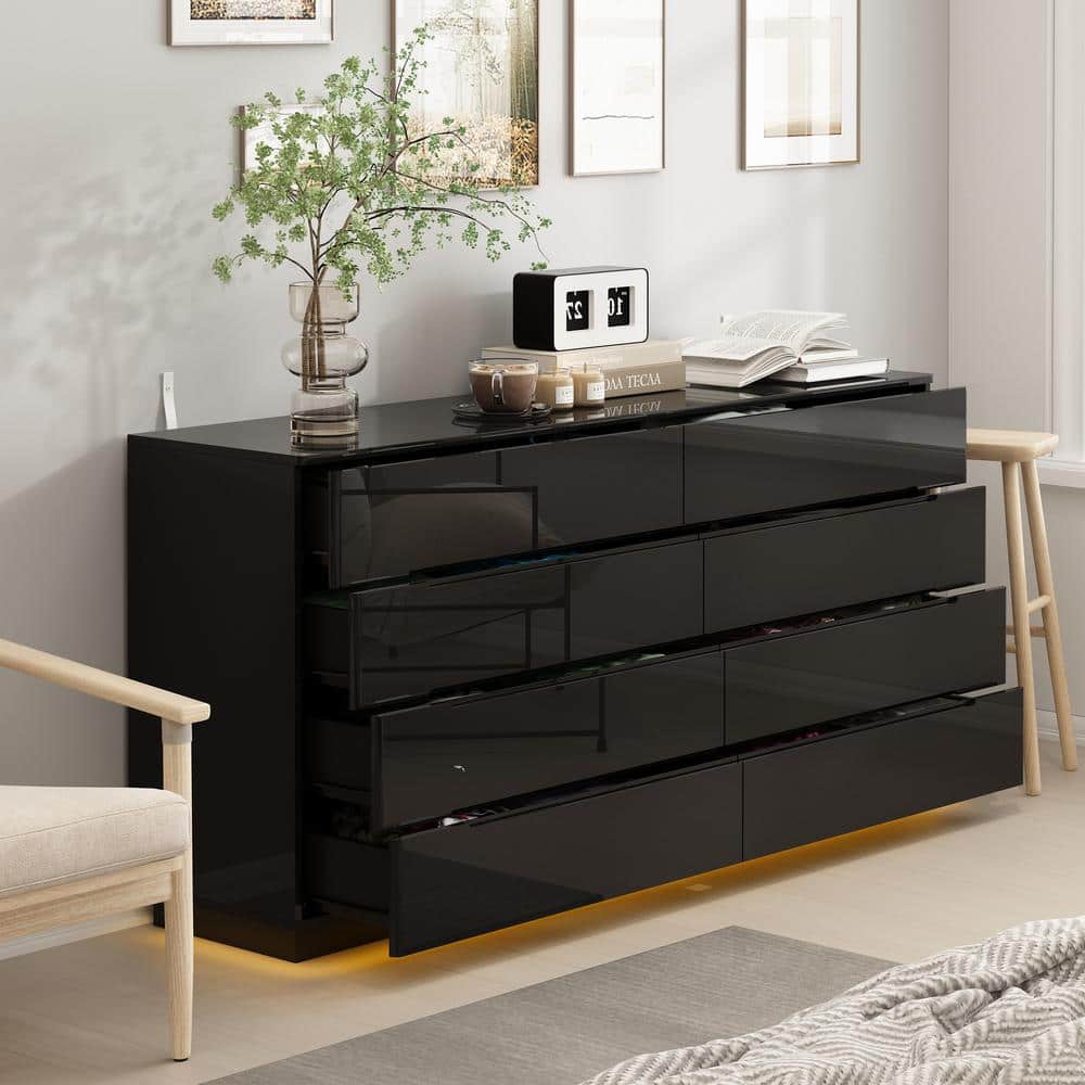Black High Gloss 63" Double Dresser with LED Lights