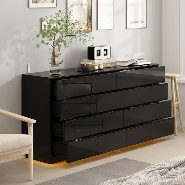 FUFU&GAGA Black 8-Drawer 63 in. W Wood Double Dresser Chest of Drawers  Bedroom Storage Organizer in With High Gloss and LED Lights KF020326-02