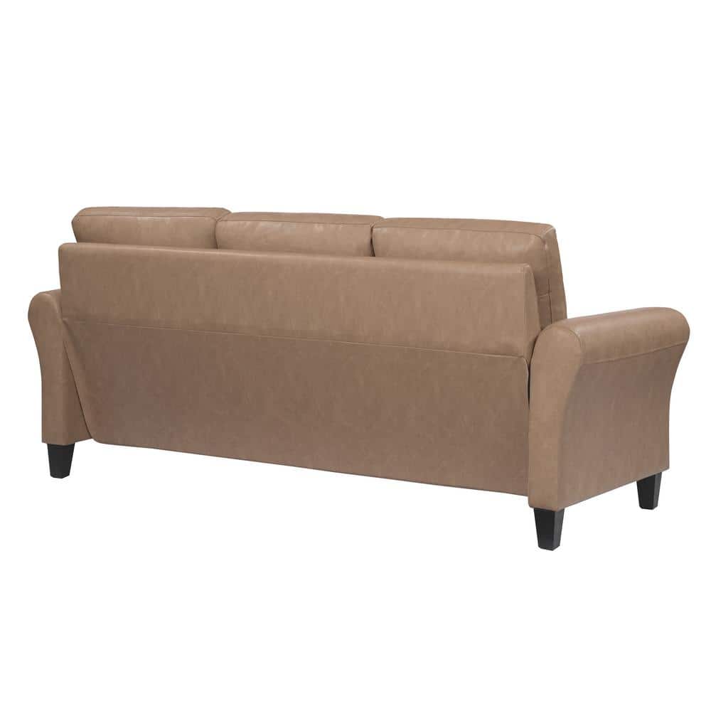 Brown Faux Leather Sofa with Rolled Arms and Wood Legs