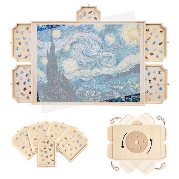 1500-Piece Puzzle Board with 5 Drawers, 34. x. 25 in. Portable Wooden Table, Puzzle Organizer, Birthday Gift