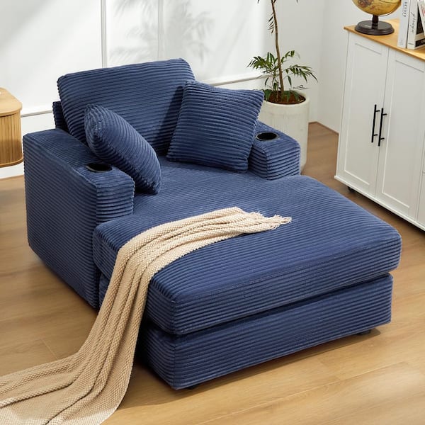 43 in. Navy Blue Corduroy Velvet Chaise Lounge Fabric Sleeper Sofa Bed with 3 Back Pillows and 2 Cup Holders