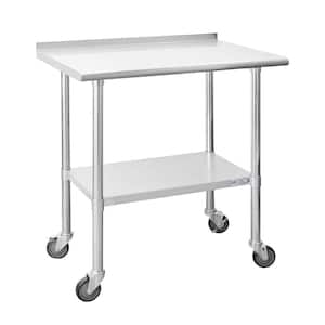 30 in. x 24 in. Silver Stainless Steel Kitchen Utility Table with Adjustable Bottom-Shelf and Caster Wheels