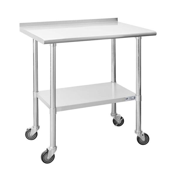 tunuo 30 in. x 24 in. Silver Stainless Steel Kitchen Utility Table with Adjustable Bottom-Shelf and Caster Wheels