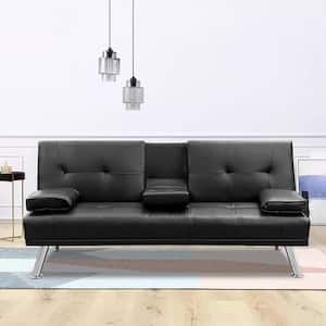 32 in. Square Arm Faux Leather Straight Sofa in Black