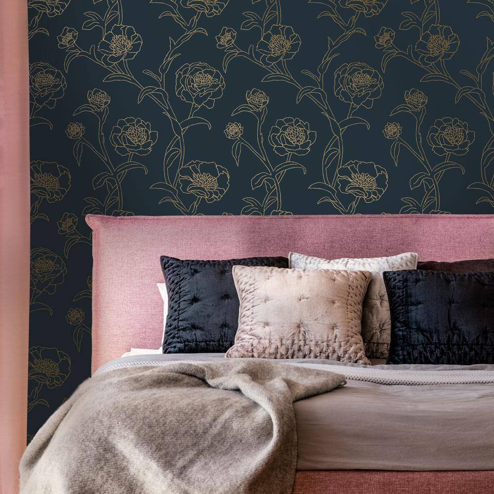 Peacock Blue and Gold Floral Peel and Stick Wallpaper