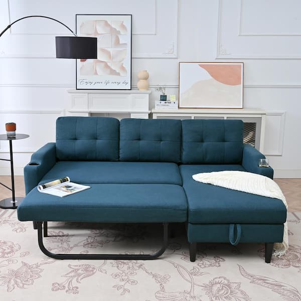 Harper & Bright Designs 74.8 in. L Shaped Fabric Sectional Sofa in. Blue with Storage, Convertible Sofa Bed with Side Pocket and Cup Holders