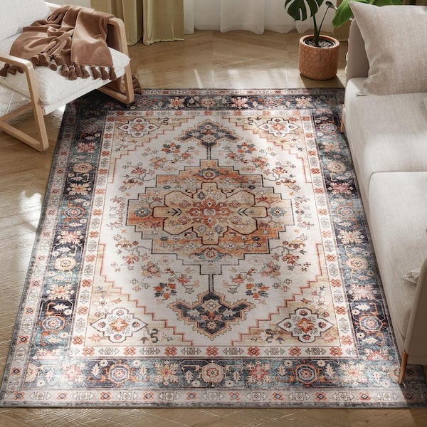 Area Rug 4 ft. x 6 ft. Washable Rug, Distressed Floral Print Mat for Living Room, Bedroom, Dining Room, Tawny Brown