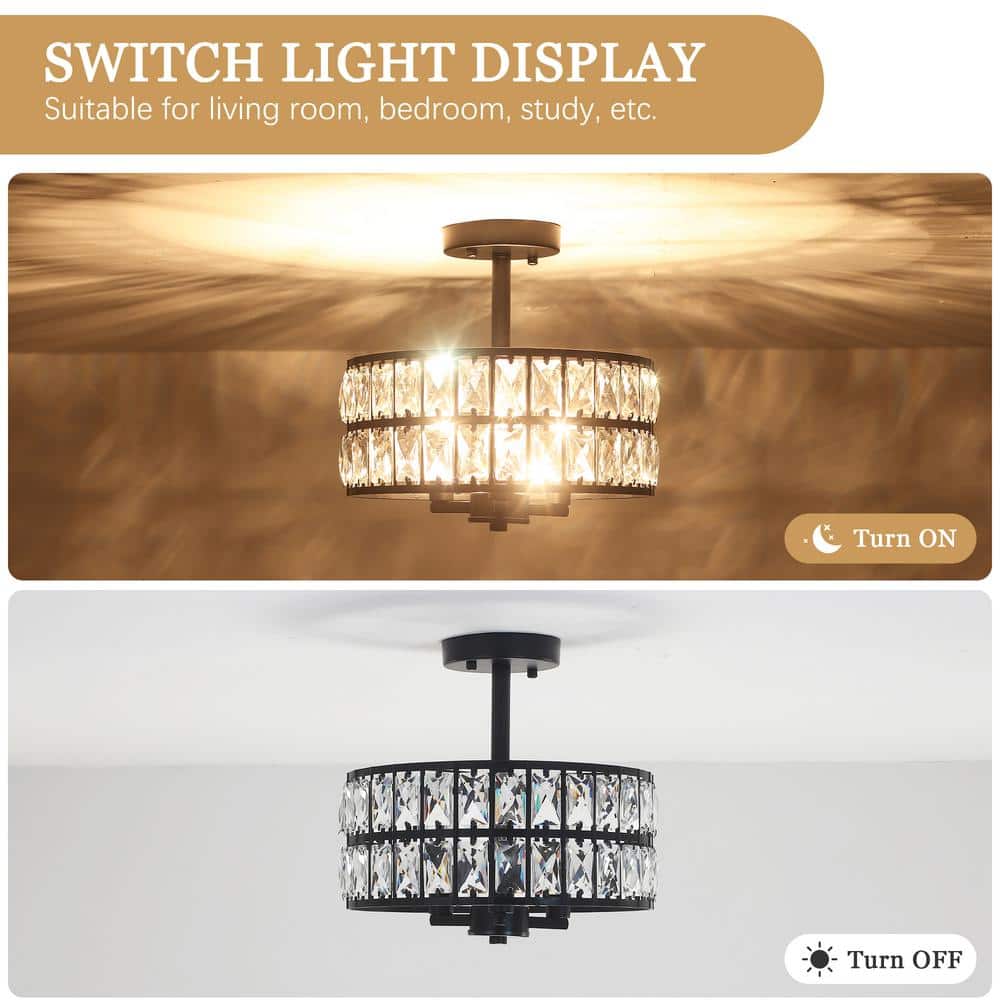 Black Metal and Crystal Drum Semi-Flush Mount Ceiling Light