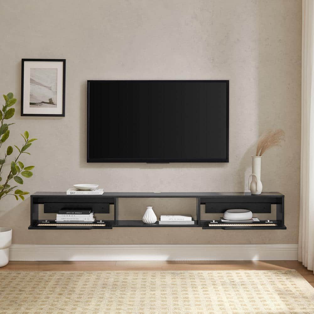 70" Black Wood Floating TV Stand with Rattan Doors