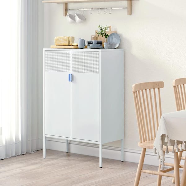 Magic Home 31.5 in. Metal Storage Locker Cabinet Adjustable Shelves White Freestanding Ventilated Sideboard Shoe Cabinet