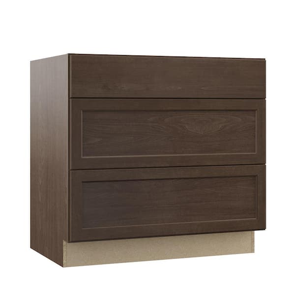 Hampton Bay Shaker 36 in. W x 24 in. D x 34.5 in. H Assembled Drawer Base Kitchen Cabinet in Brindle with Full Extension Glides
