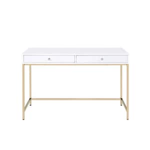 Ottey 1-Piece Makeup Vanity Desk in White High Gloss & Gold