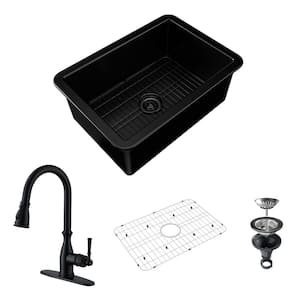 32 in. Undermount Single Bowl Fireclay Kitchen Sink with Matte Black Faucet, Bottom Grid and Strainer Basket