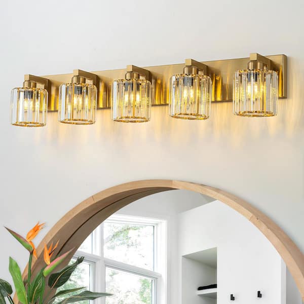 EDISLIVE Orillia 35 in. 5-Light Gold Vanity Light with Cylinder Crystal Shade Modern Wall Mount Sconce for Bathroom Powder Room