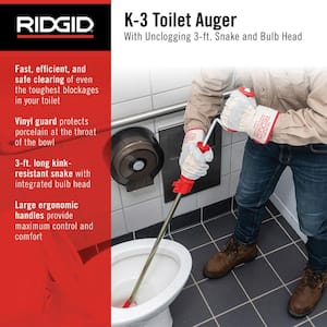 K-3 Ultra Flexible Toilet Auger with Unclogging 3 ft. Snake and Integrated Bulb Head, Plumbing Toilet Snake for Drain