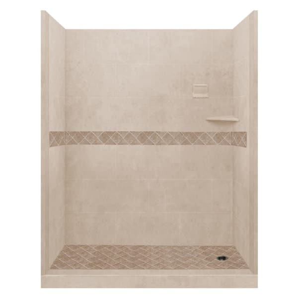American Bath Factory Espresso Diamond 60 in. x 34 in. x 80 in. Right Drain Alcove Shower Pan and Walls in Brown Sugar, and Old Bronze Drain