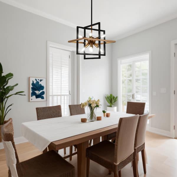 8-Light Black and Gold Industrial Sputnik Chandelier, Modern Adjustable Geometric Pendant Light for Kitchen Island