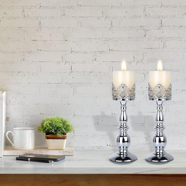 Gothic Vintage Pillar Candle Holders 2-Piece Silver Tall Table