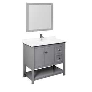 Manchester 42 in. W Bathroom Vanity in Gray with Quartz Stone Vanity Top in White with White Basin and Mirror