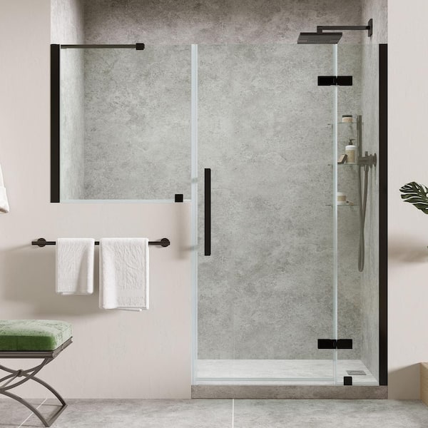 OVE Decors Tampa 62 1/8 in. W x 72 in. H Pivot Frameless Shower Door in Black with Buttress Panel and Shelves