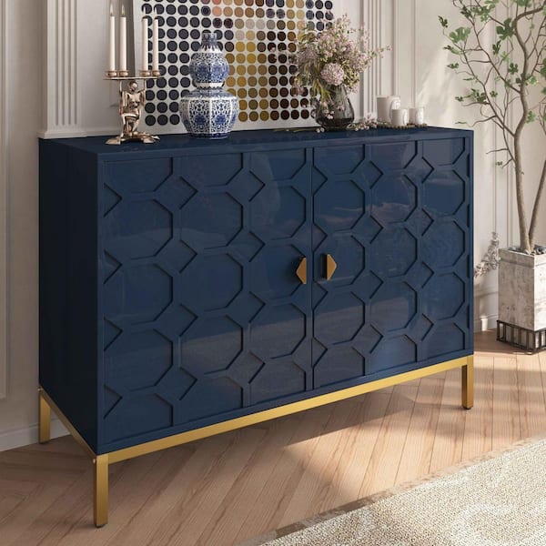 Modern Blue 26.25 in. H 2-Door Storage Cabinet with Honeycomb Pattern, Adjustable Shelves and Golden Leg