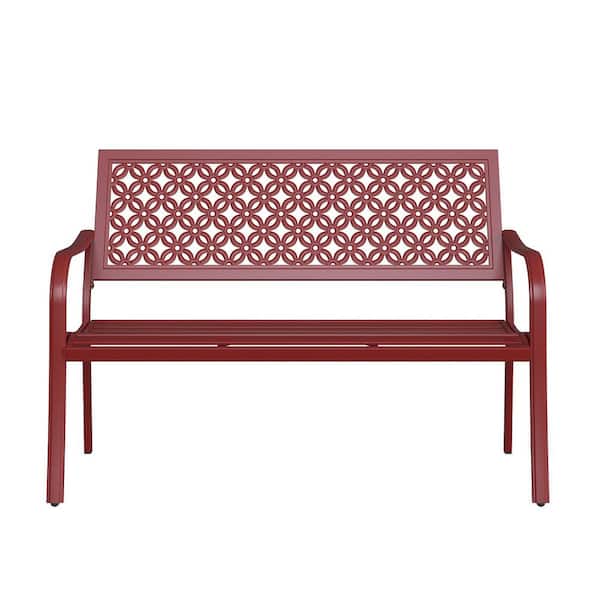 Upland Outdoor Garden Bench with Anti-Rust Metal Powder Coated Frame, Patio Bench for Front Porch Park, Red