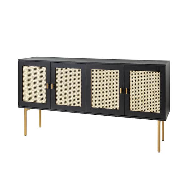 JAYDEN CREATION Datang Black Wood 60 in. Wide Storage Sideboard with Metal Legs and 4-Doors