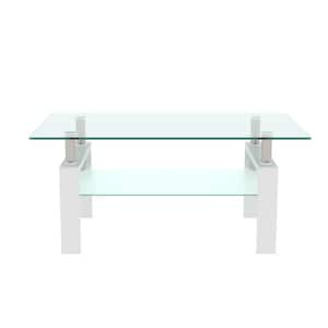 39.37 in. W x 23.62 in. D x 17.7 in. H White Rectangle Double-Deck Glass Coffee Table Modern Side Center Table