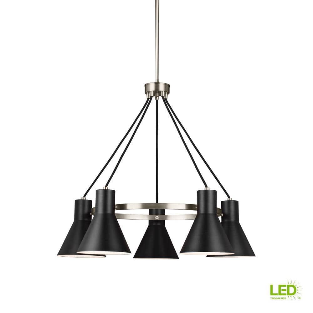 Mid-Century Retro Brushed Nickel 5-Light LED Chandelier with Black Steel Shade