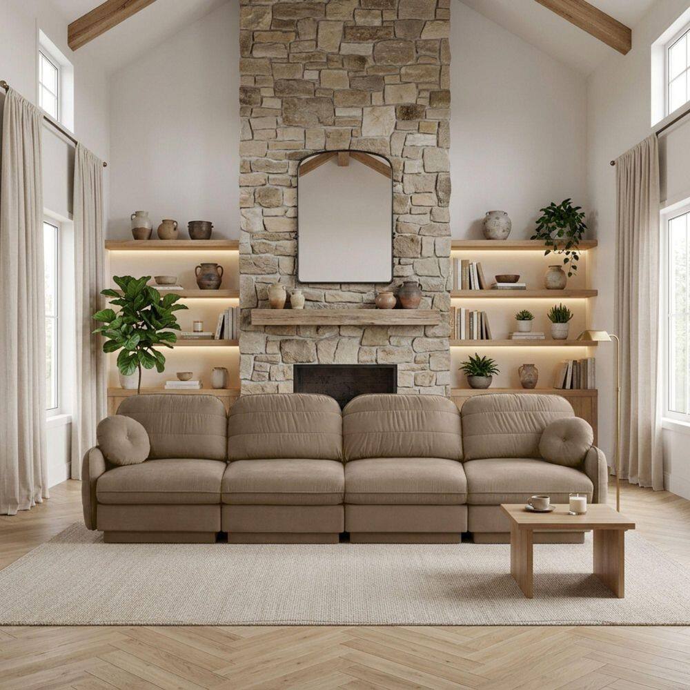 MIRA 137 in. Curved Arm 4-piece Chenille Fabric Modular Sectional Sofa Set with Quilted Back Cushions, in Warm Taupe price history on PriceWatchPro