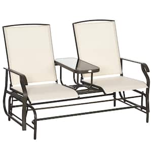 58.25 in. 2-Person Brown Metal Outdoor Lider Bench with Center Table for Backyard Garden Porch in Beige