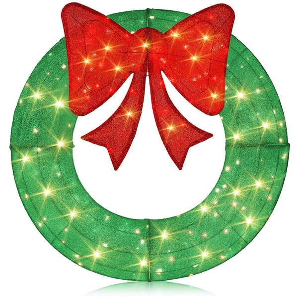 48 Inch Pre-Lit Christmas Wreath with 200 LED Lights Red Bow Hanging Hooks Green Plus Red
